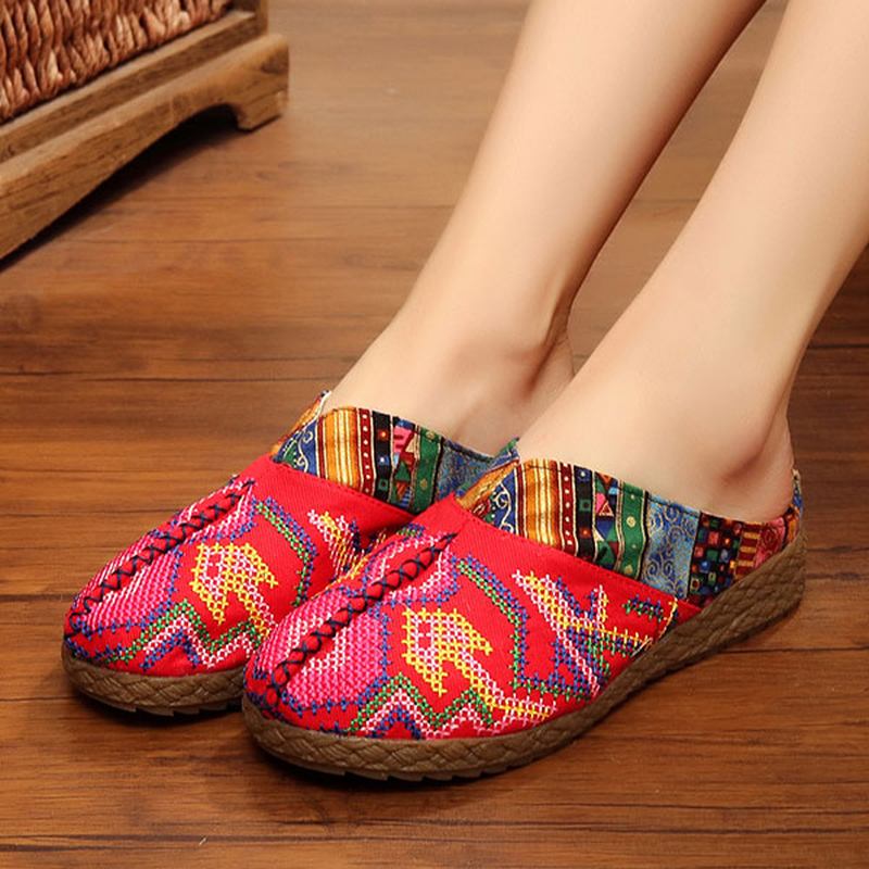 Kvinnor Lin Casual Outdoor Broderi Flat Slipper Skor