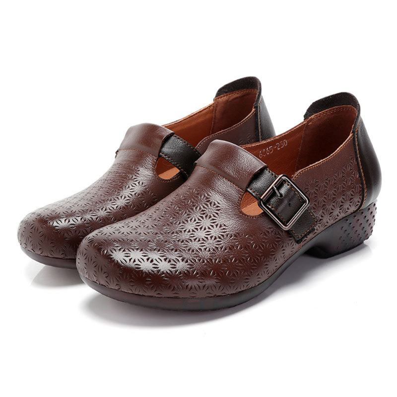 Kvinnor Mjuk Andas Ihåliga Bärbara Spänne Casual Leather Loafers