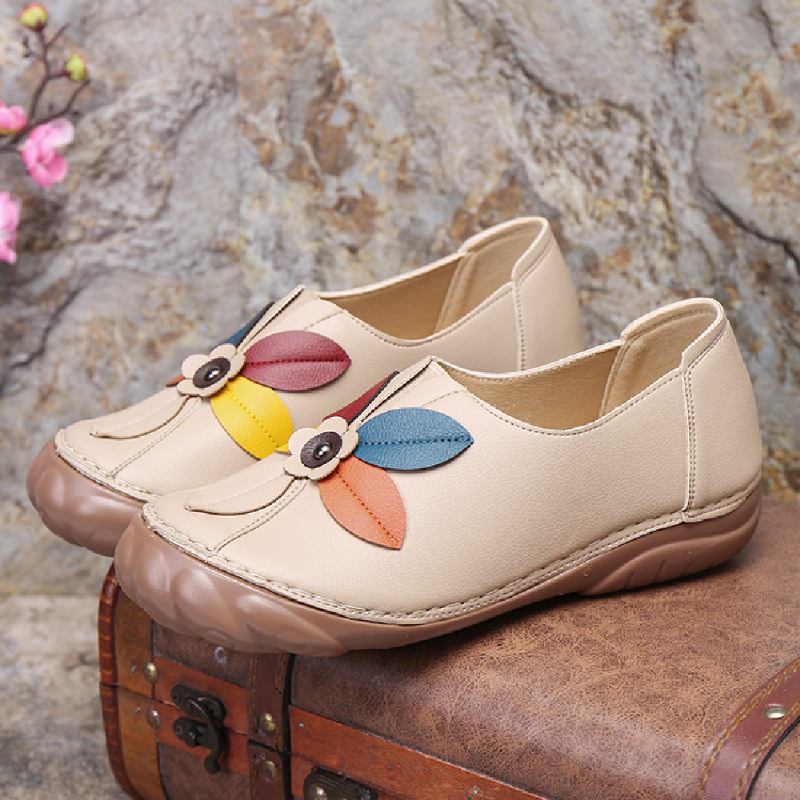 Kvinnor Retro Blommor Stitching Rund Tå Slip On Flat Loafers Skor