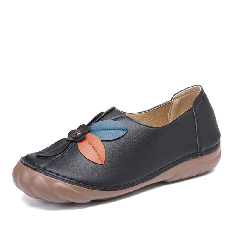 Kvinnor Retro Blommor Stitching Rund Tå Slip On Flat Loafers Skor