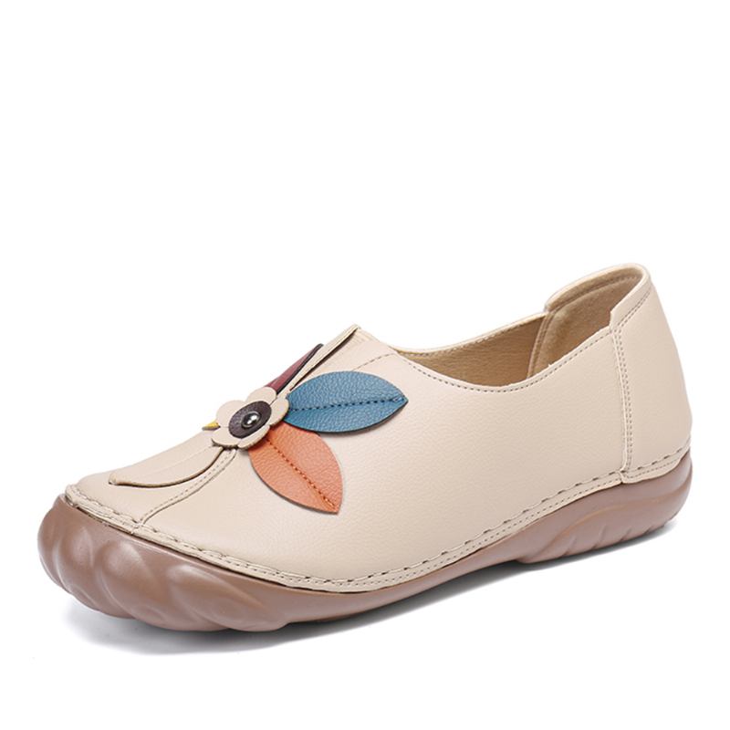 Kvinnor Retro Blommor Stitching Rund Tå Slip On Flat Loafers Skor