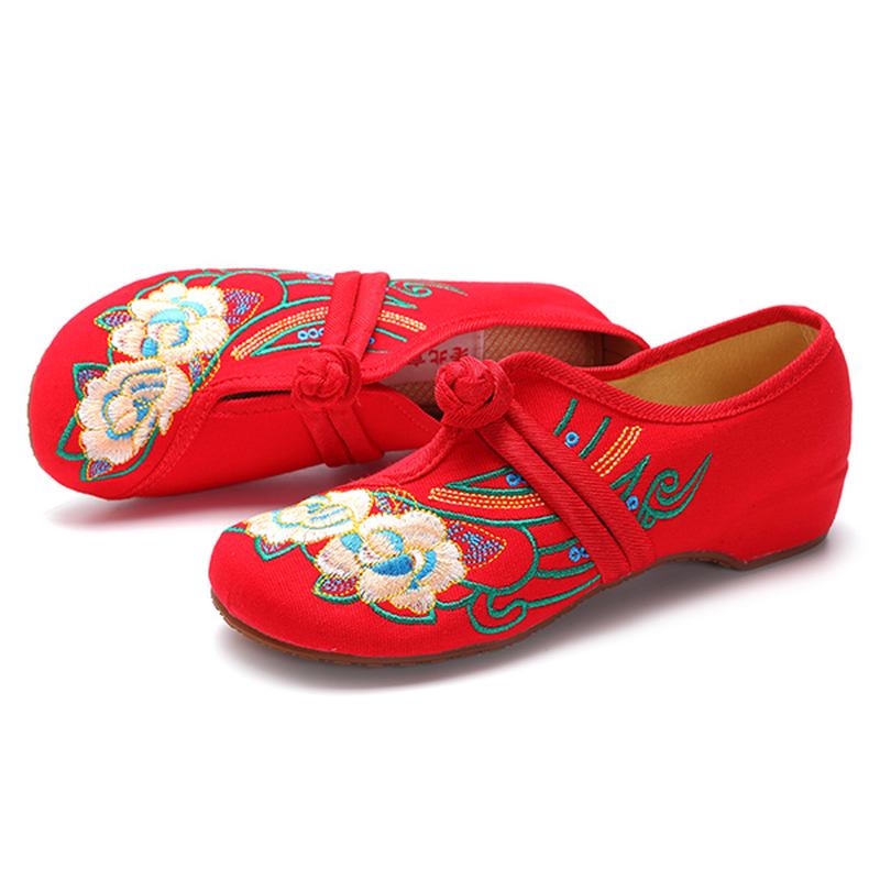 Kvinnor Snöra Tyg Kinesiska Broderade Blommor Flat Loafers