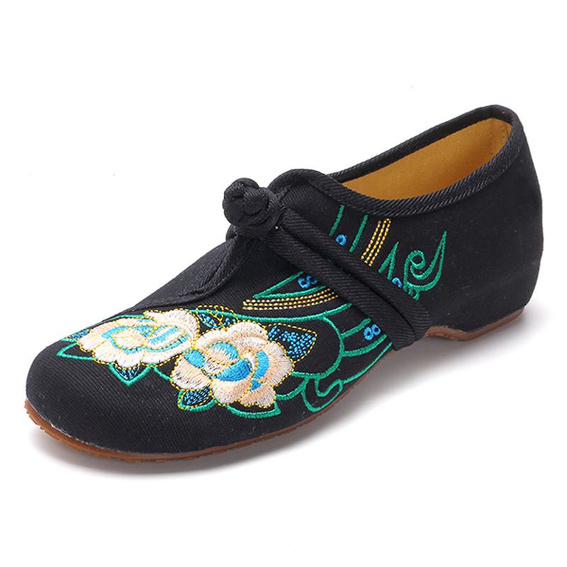 Kvinnor Snöra Tyg Kinesiska Broderade Blommor Flat Loafers