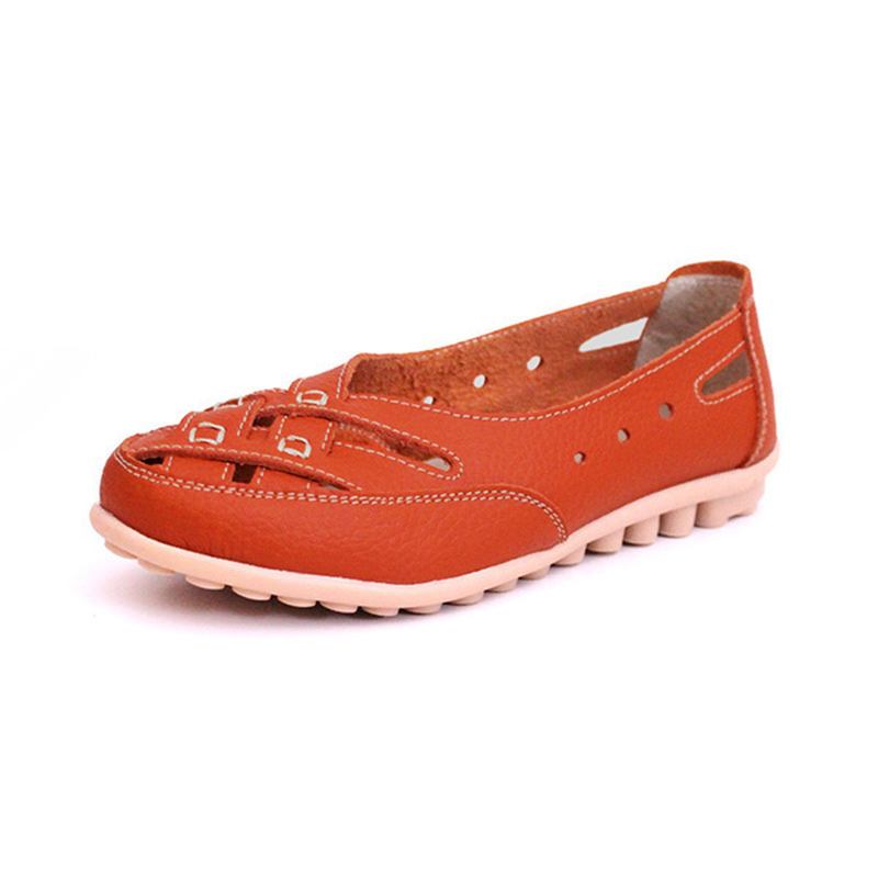 Kvinnor Sommar Flat Casual Outdoor Hollow Out Läder Mjukt Bekväma Flat Loafers Skor