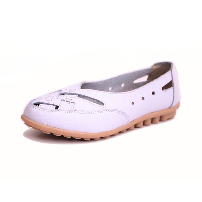 Kvinnor Sommar Flat Casual Outdoor Hollow Out Läder Mjukt Bekväma Flat Loafers Skor