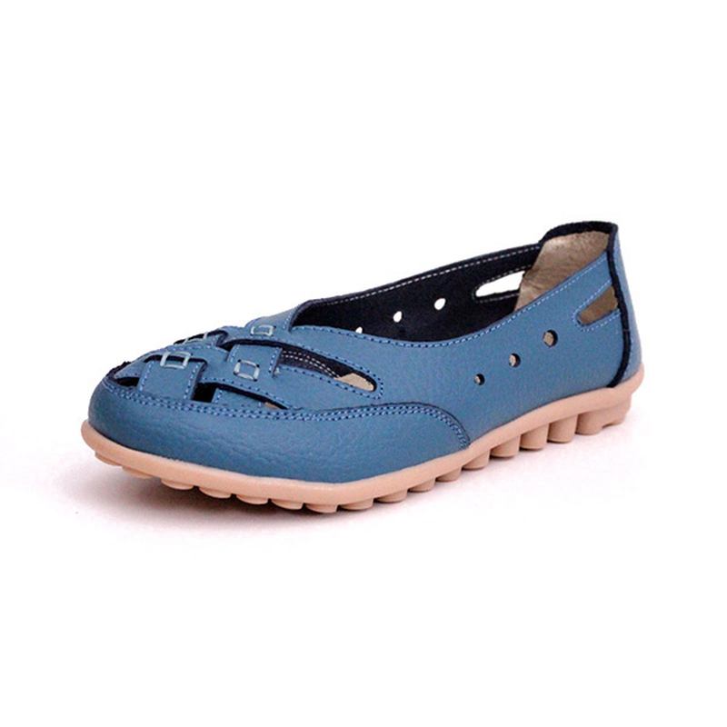 Kvinnor Sommar Flat Casual Outdoor Hollow Out Läder Mjukt Bekväma Flat Loafers Skor