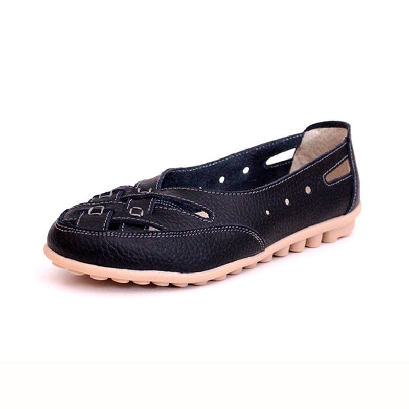 Kvinnor Sommar Flat Casual Outdoor Hollow Out Läder Mjukt Bekväma Flat Loafers Skor