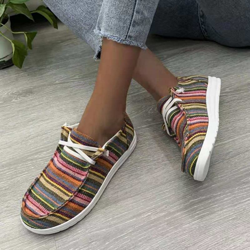 Kvinnor Stor Storlek Stripe Med Tryck Leopard Canvas Elastiskt Band Snöra Upp Casual Flat Shoes