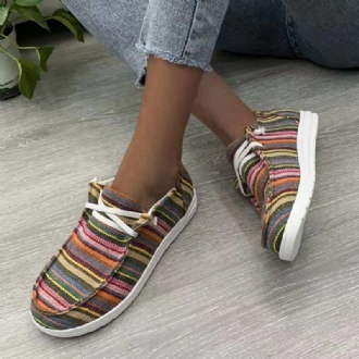 Kvinnor Stor Storlek Stripe Med Tryck Leopard Canvas Elastiskt Band Snöra Upp Casual Flat Shoes