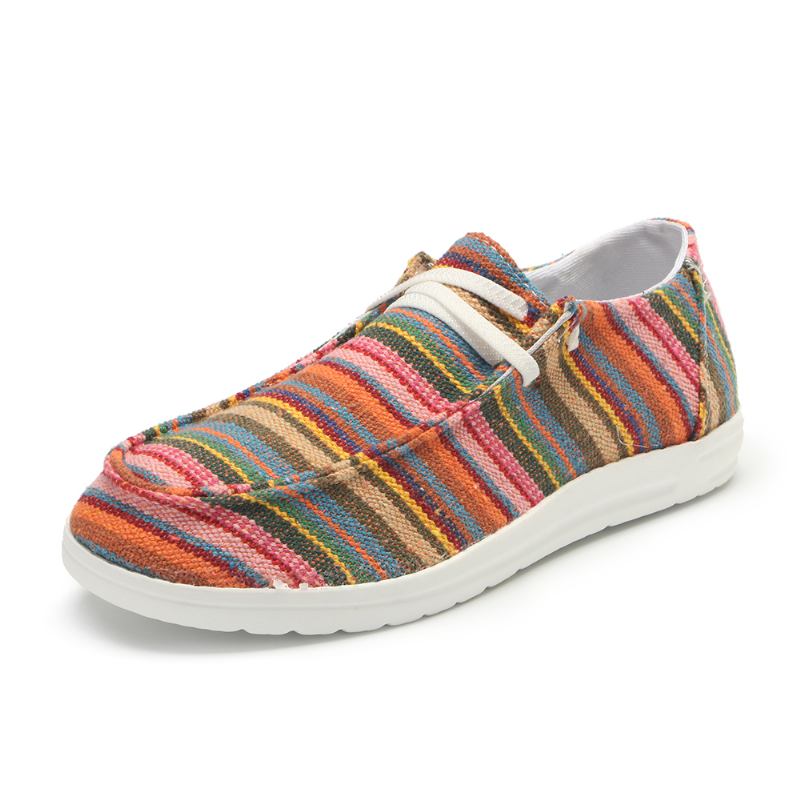 Kvinnor Stor Storlek Stripe Med Tryck Leopard Canvas Elastiskt Band Snöra Upp Casual Flat Shoes