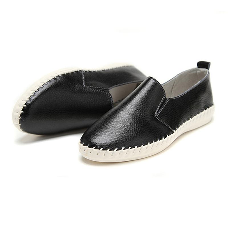 Kvinnor Våren Casual Flat Shoes Slip On Loafers Mjuk Botten Läder Flat Shoes