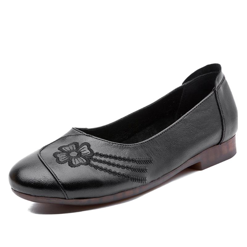 Kvinnors Kort Blommönster Kohud Läder Rund Tå Mjuk Sula Slip On Flats