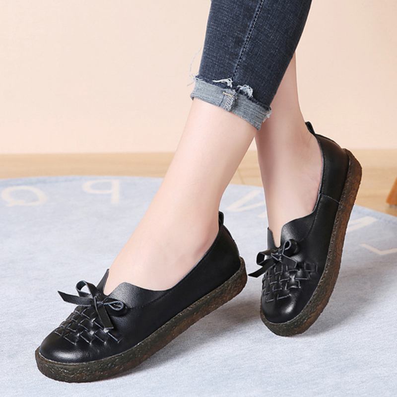 Kvinnors Läder Slip On Enfärgad Vävd Bowknot Asakuchi Flats Loafers Skor