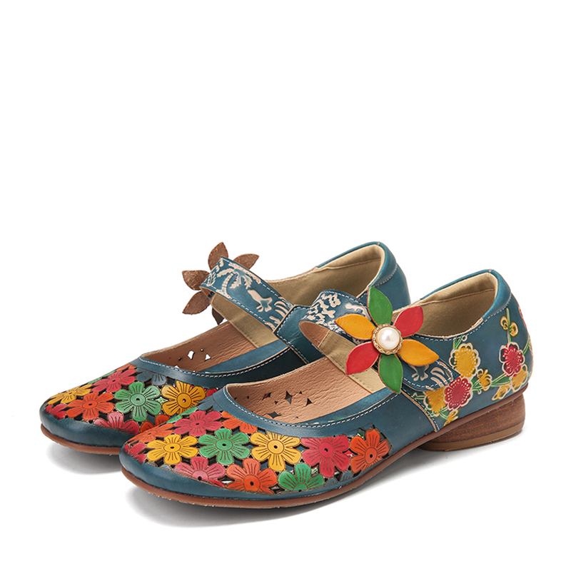 Naturliga Blommor Ihåliga Nötskinnsläder Andningsbara Bärbara Casual Flat Shoes