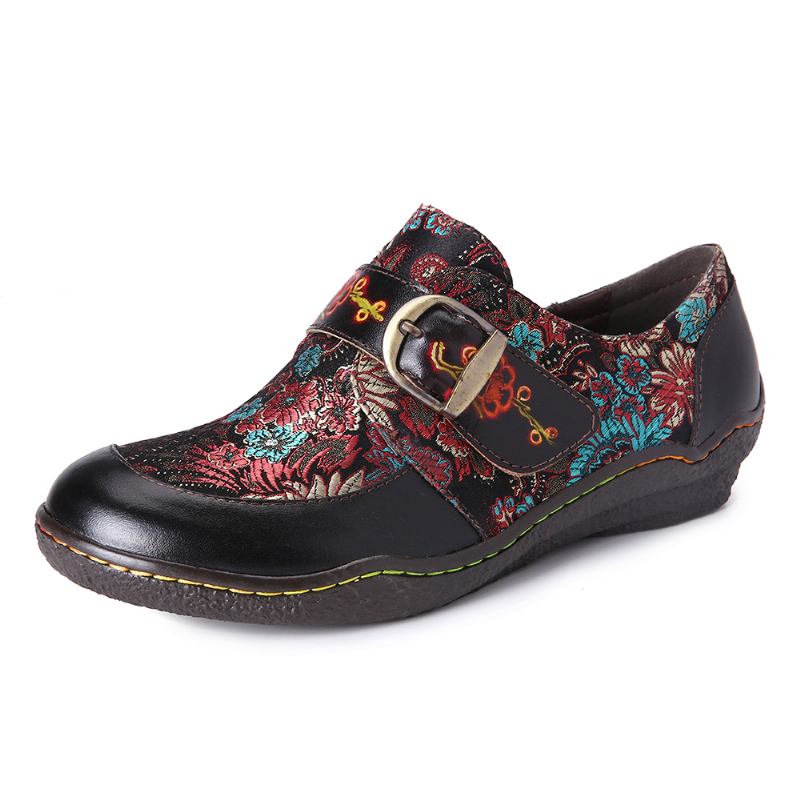 Retro Blommor Broderi Läder Präglade Plommonblommor Spänne Slip On Platta Skor