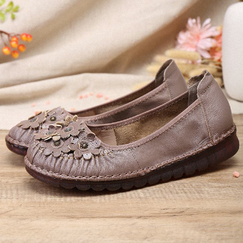 Retro Blommor Dekor Läder Halkfri Mjuk Sula Casual Slip-on Flat Shoes