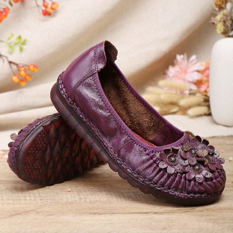 Retro Blommor Dekor Läder Halkfri Mjuk Sula Casual Slip-on Flat Shoes