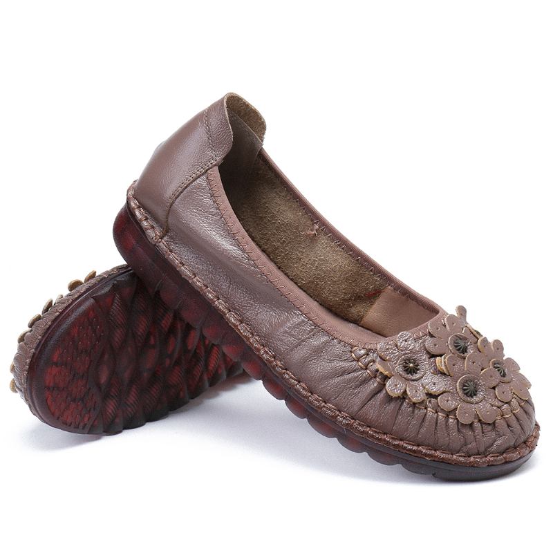 Retro Blommor Dekor Läder Halkfri Mjuk Sula Casual Slip-on Flat Shoes