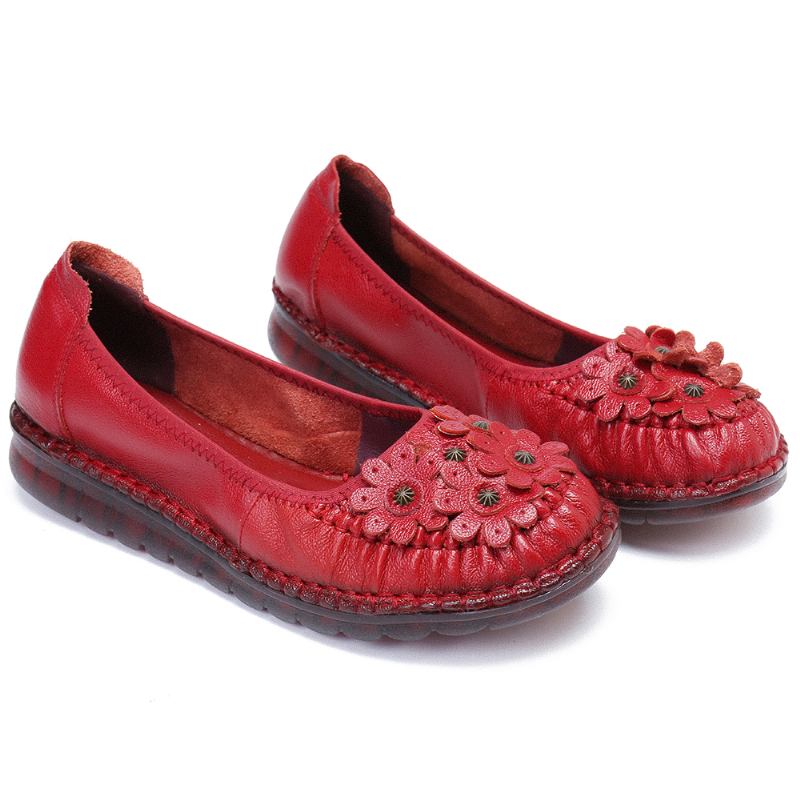 Retro Blommor Dekor Läder Halkfri Mjuk Sula Casual Slip-on Flat Shoes