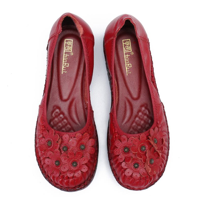 Retro Blommor Dekor Läder Halkfri Mjuk Sula Casual Slip-on Flat Shoes