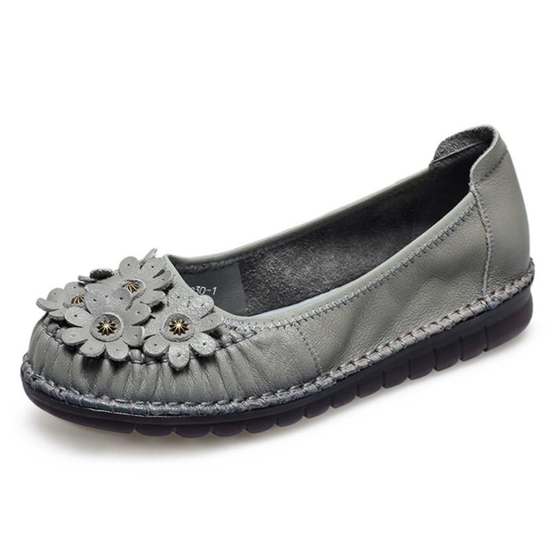 Retro Blommor Dekor Läder Halkfri Mjuk Sula Casual Slip-on Flat Shoes