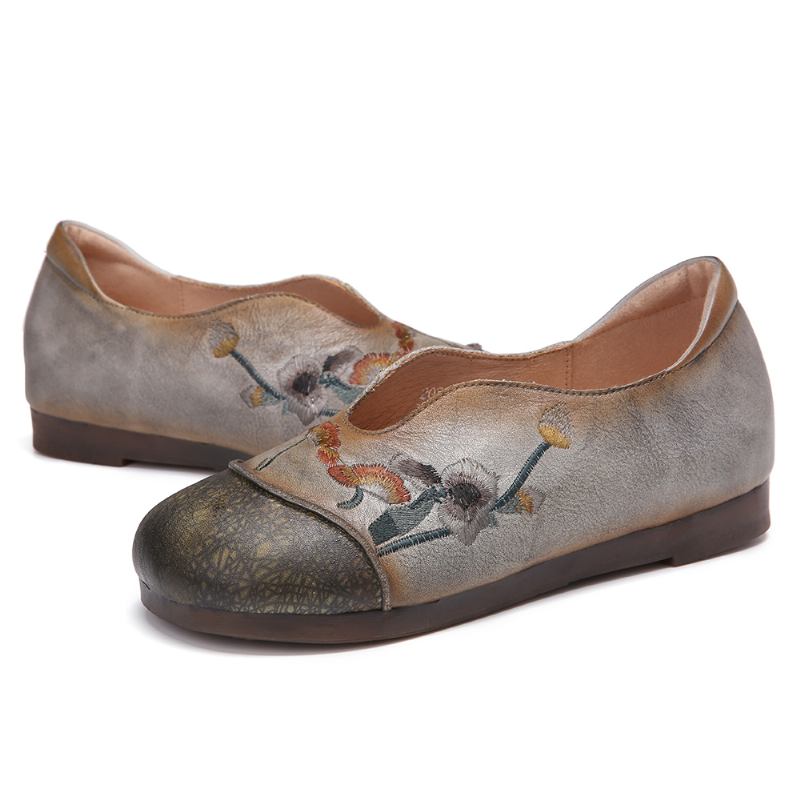 Retro Flowers Brodery Mjukt Läder Slip On Flat Shoes