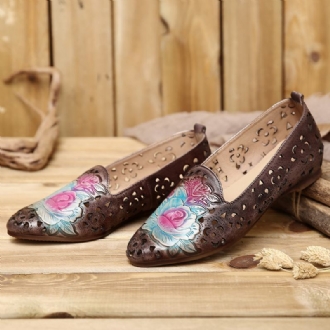 Retro Präglad Delikat Pion Ihåliga Blommönster I Äkta Läder Platt Elegant Loafer