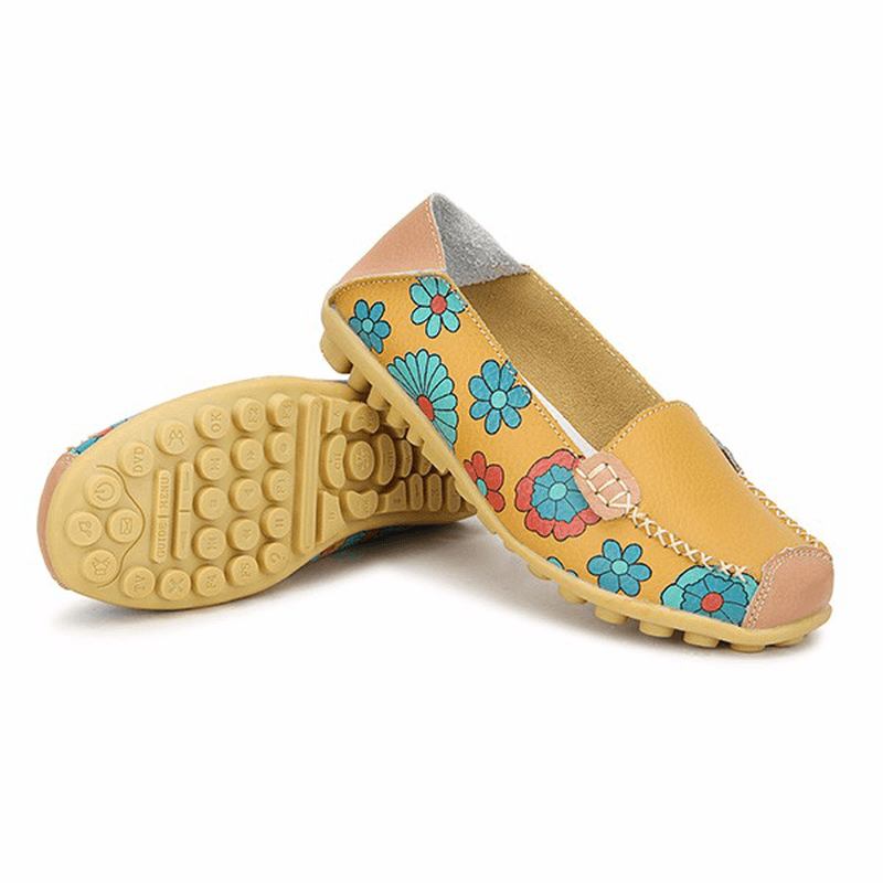 Stor Storlek Kvinnor Blomma Blommor Läder Loafers Moccas Flats Mjuka Balettskor Runda Tå Flats