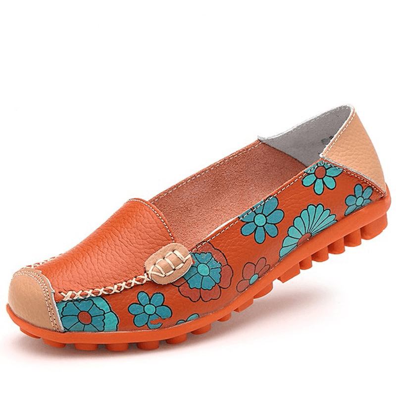 Stor Storlek Kvinnor Blomma Blommor Läder Loafers Moccas Flats Mjuka Balettskor Runda Tå Flats