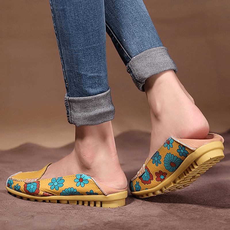 Stor Storlek Kvinnor Blomma Blommor Läder Loafers Moccas Flats Mjuka Balettskor Runda Tå Flats