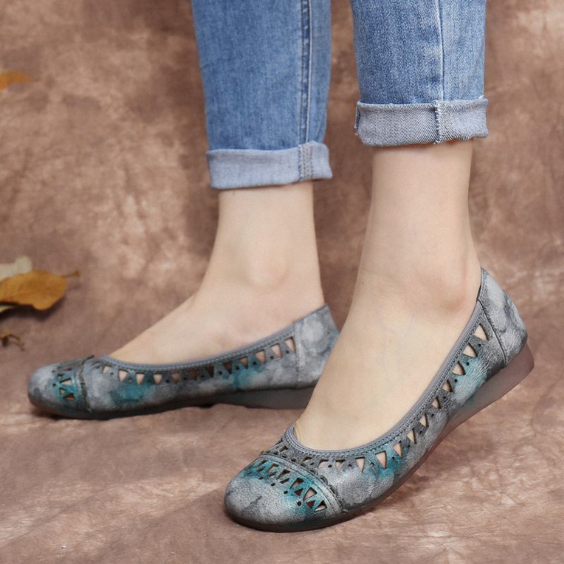 Tie-dyed Handgjorda Läder Cutout Mjuk Sula Slip On Flat Shoes