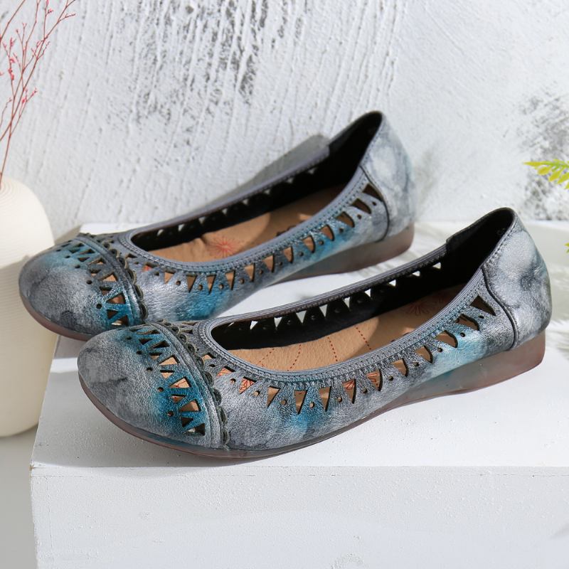 Tie-dyed Handgjorda Läder Cutout Mjuk Sula Slip On Flat Shoes