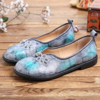 Tie-dyed Läder Kinesisk Knut Dekor Mjuk Slip On Flat Shoes