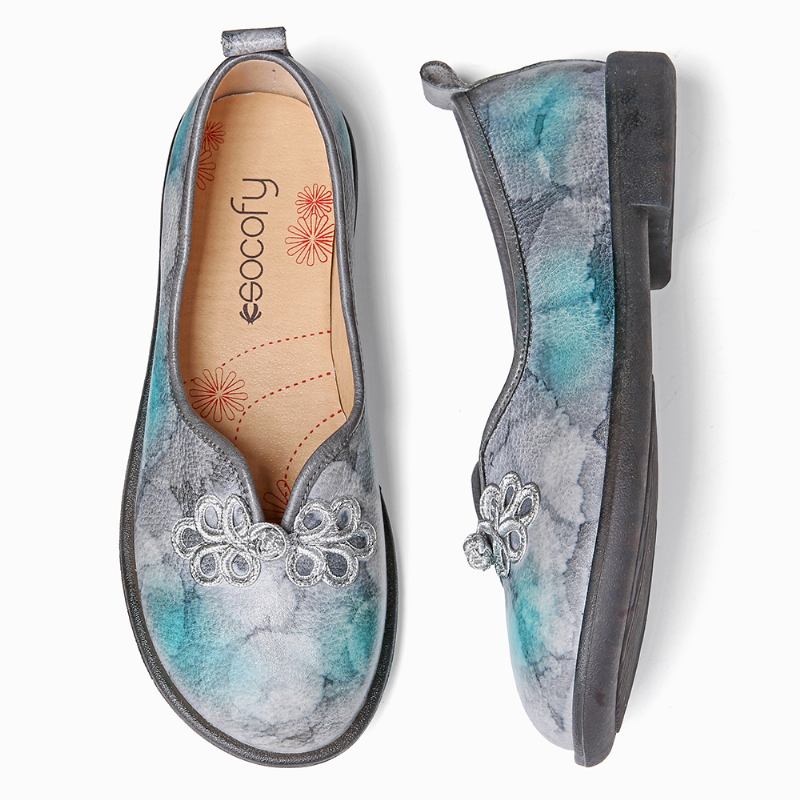 Tie-dyed Läder Kinesisk Knut Dekor Mjuk Slip On Flat Shoes