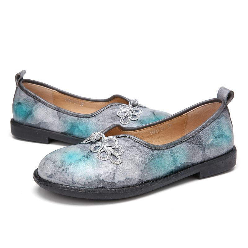 Tie-dyed Läder Kinesisk Knut Dekor Mjuk Slip On Flat Shoes