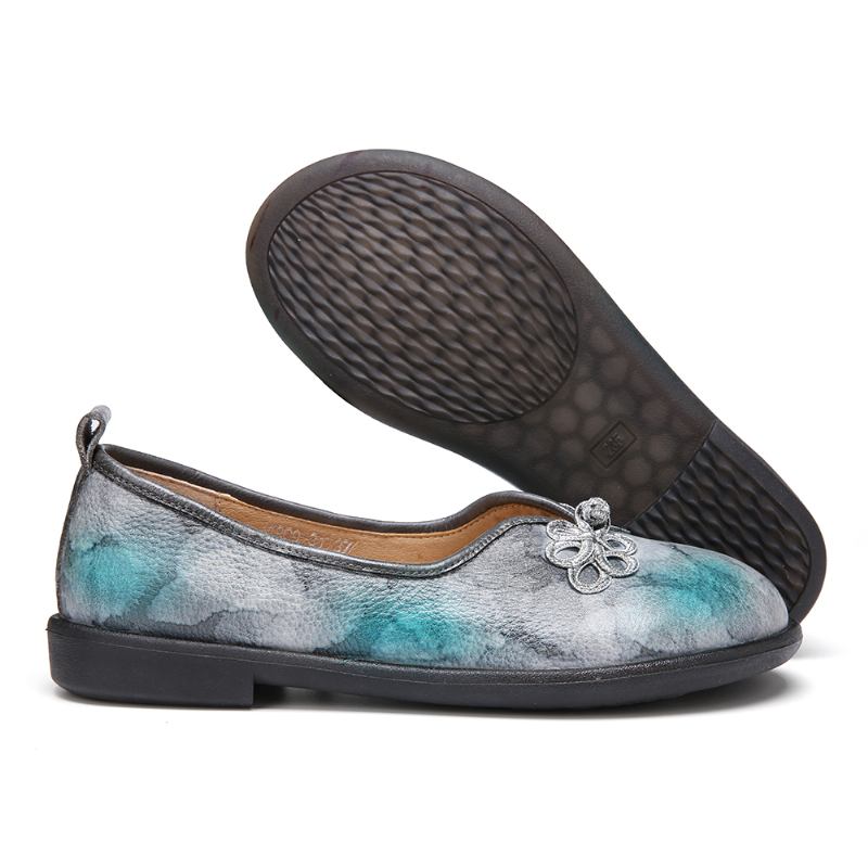 Tie-dyed Läder Kinesisk Knut Dekor Mjuk Slip On Flat Shoes