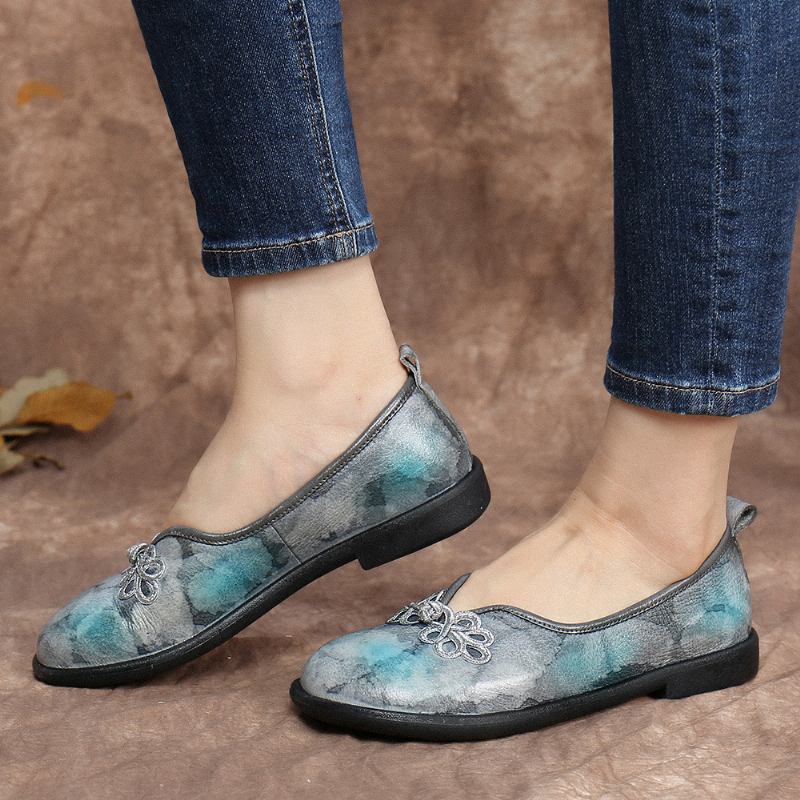 Tie-dyed Läder Kinesisk Knut Dekor Mjuk Slip On Flat Shoes