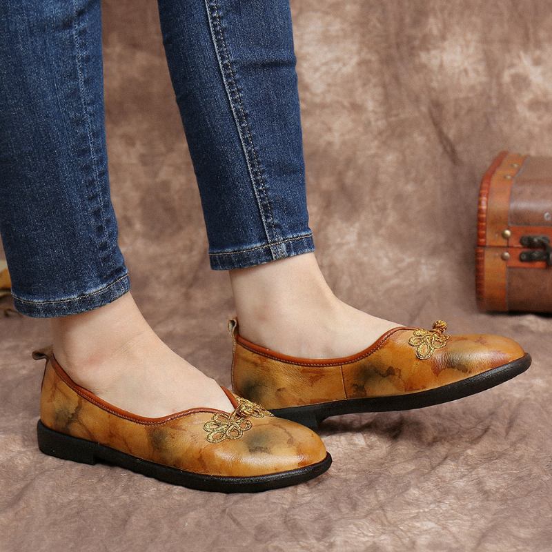 Tie-dyed Läder Kinesisk Knut Dekor Mjuk Slip On Flat Shoes