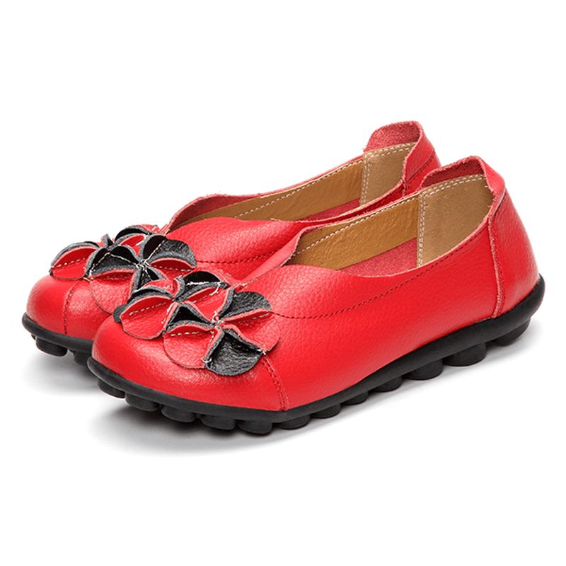 Usa Storlek 5-13 Dam Blommor Flat Shoes Casual Outdoor Leather Slip On Round Toe Loafers