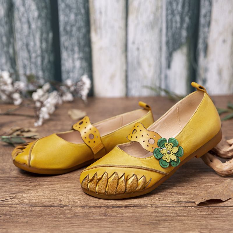 Vintage Handgjorda Mjuka Läderblommiga Kroköglorrem Slip On Flat Shoes