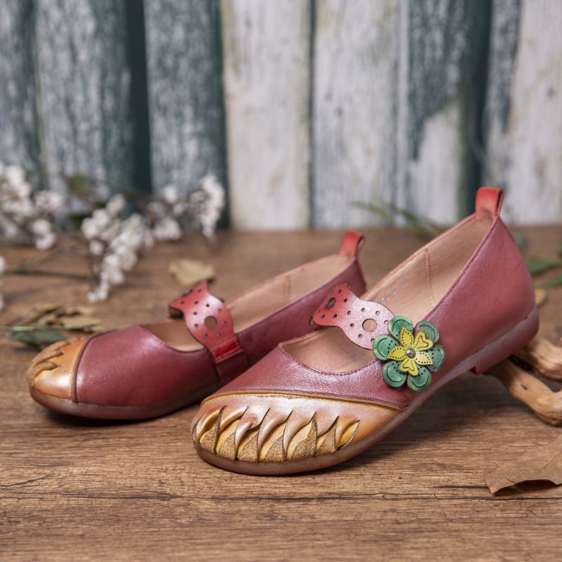 Vintage Handgjorda Mjuka Läderblommiga Kroköglorrem Slip On Flat Shoes