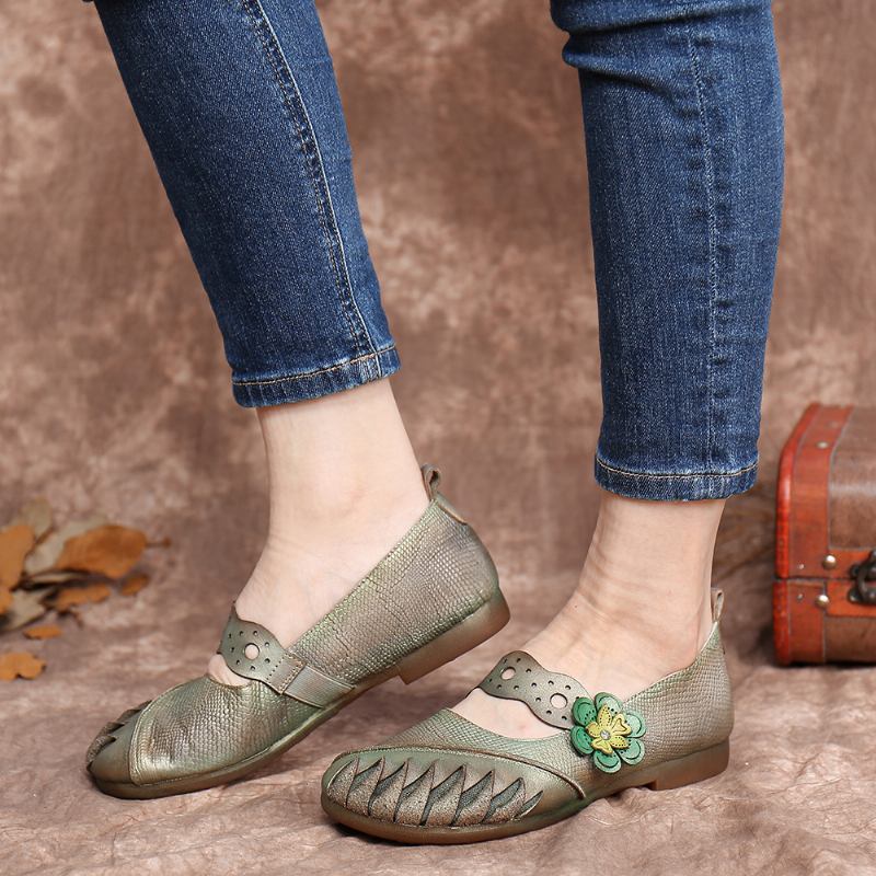 Vintage Handgjorda Mjuka Läderblommiga Kroköglorrem Slip On Flat Shoes