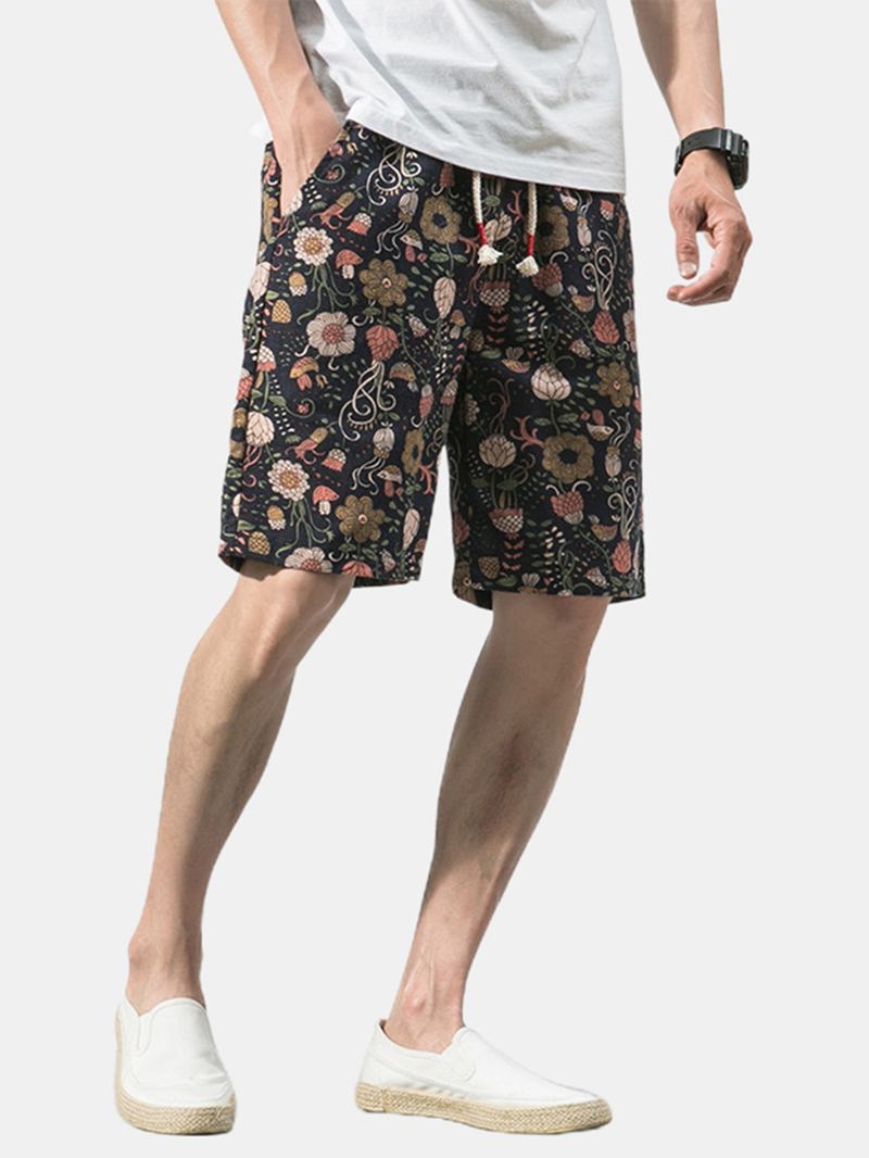 Bomull Herr Blommönster Pocket Dragsko Casual Shorts