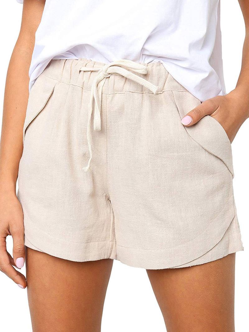 Enfärgad Dragsko I Midjeficka Casual Shorts För Kvinnor