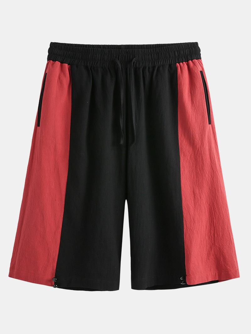 Herr 100% Bomull Patchwork Shorts Med Elastisk Midja