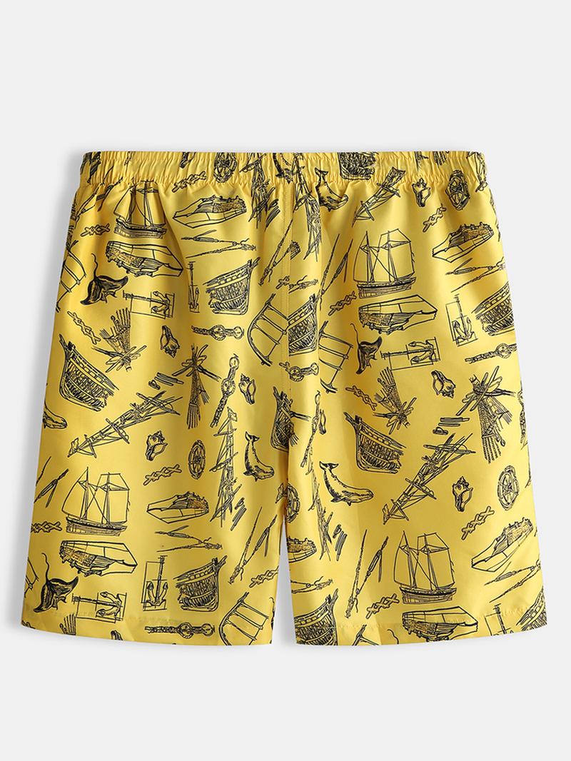 Herr Beach Sea Boat Pattern Digital Med Tryck Borstad Loose Shorts Byxor