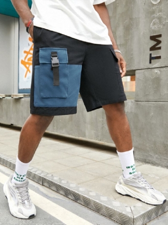 Herr Casual Big Pocket 100% Bomull Färg Block Cargo Shorts