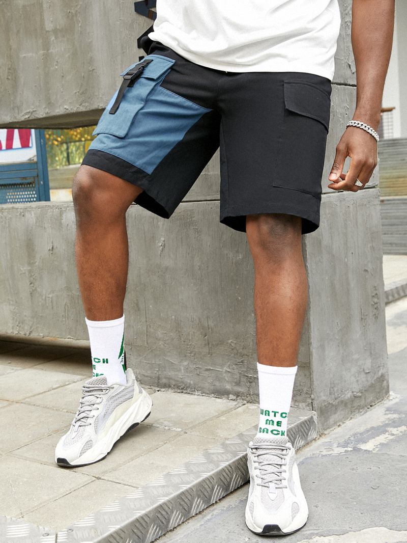 Herr Casual Big Pocket 100% Bomull Färg Block Cargo Shorts