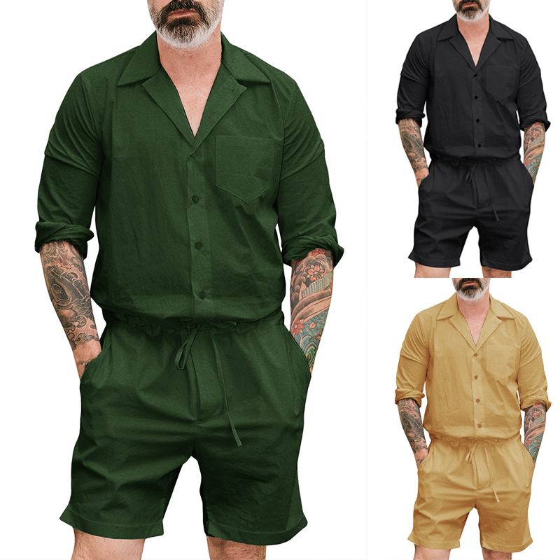 Herr Enfärgad Kort Jumpsuit Med Dragsko