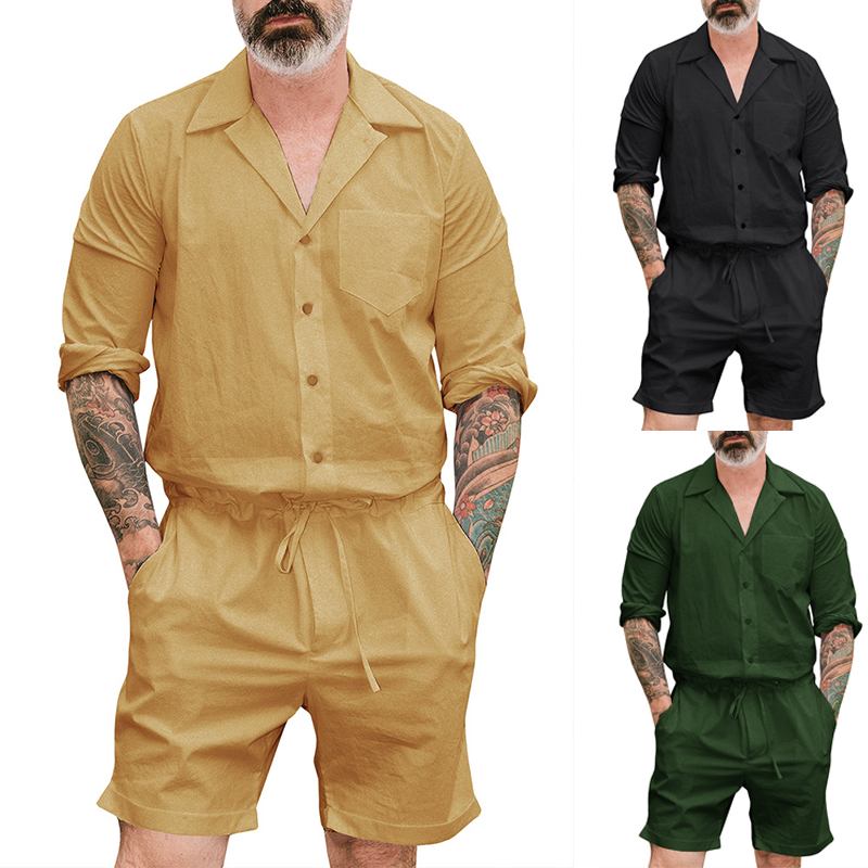 Herr Enfärgad Kort Jumpsuit Med Dragsko